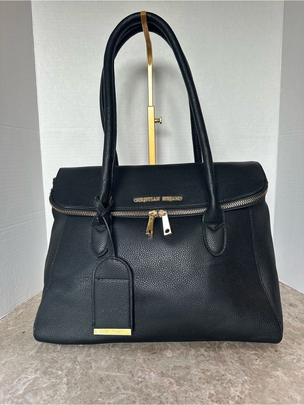 Christian Siriano Black Structured Pebbled Flap Satchel Handbag Classic Purse